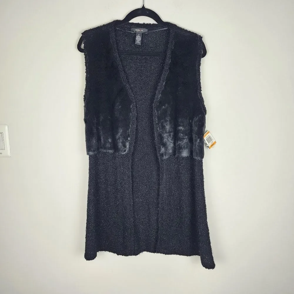 Style & Co Black Faux Fur Vest Sweater Open Front Cardigan Sleeveless Jacket S - Picture 12 of 16